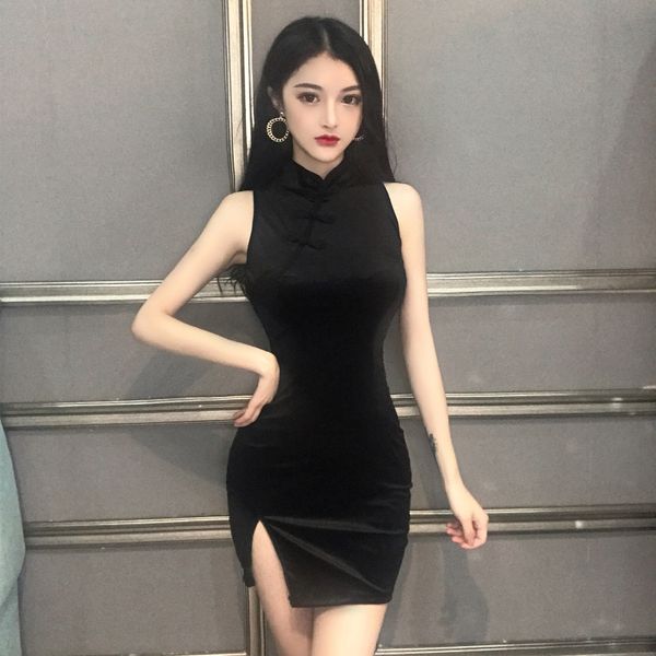 

2019 summer elegant lake satin cheongsam chinese improved qipao sleeveless novelty print morden party nightclub, Red