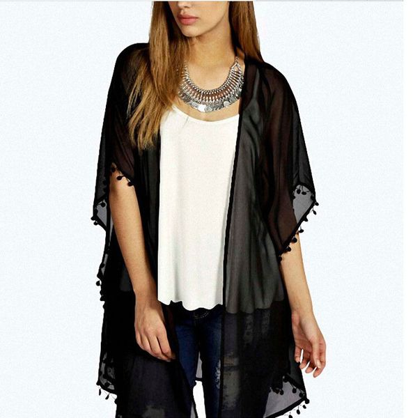 

2018 summer women kimono cardigan chiffon tassel long beach cover up shirt black blouse, White