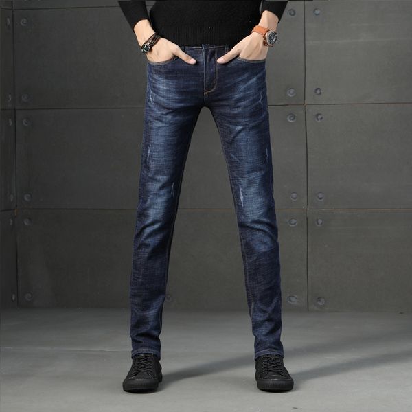 

men jeans 2019 new fashion casual skinny bleached solid washed long zipper fly pencil pants cotton blend size 28-34,36, Blue