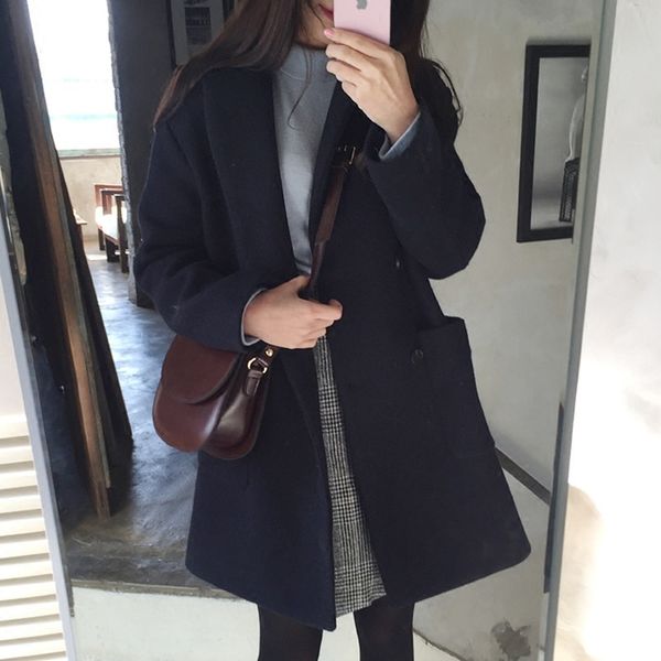 

tyhru winter women's solid color lapel single breasted thick pocket slim long coat, Black