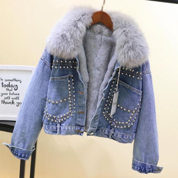 

winter warm women fashion rivet coat real fur collar+natural hair liner denim jacket slim jean cotton outwear l1794, Black