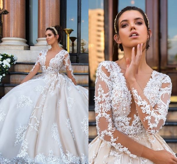 

long sleeves lace a-line wedding dresses bridal gowns with beading sequins lace appliques chapel train wedding dresses bridal gowns, White
