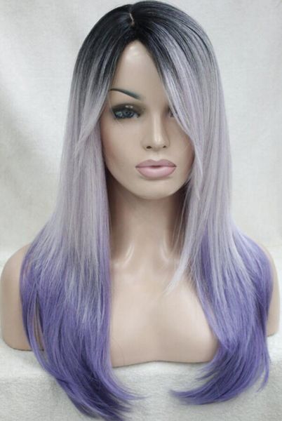 

wig black root white purple mix heat ok long straight skin top hi-quality wig