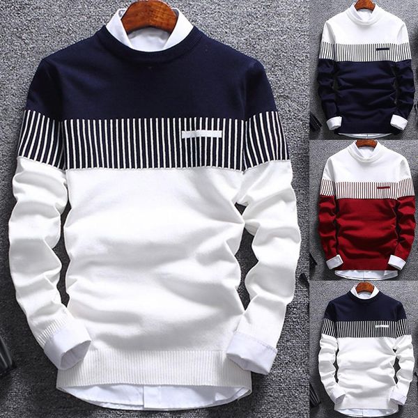 

fashion men color block patchwork o neck long sleeve knitted sweater blouse polyester spandex casual warm men's sweater, White;black