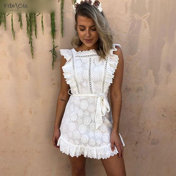 

Elegant Ruffle Pinafore White Women Dress Vintage Lace High Waist Summer Dress Embroidery Cotton Short Dress Party