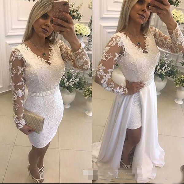

Two Pieces Sheath Evening Dresses V Neck Long Sleeve With Chffion Detachable Train Custom Made Prom Formal Gowns