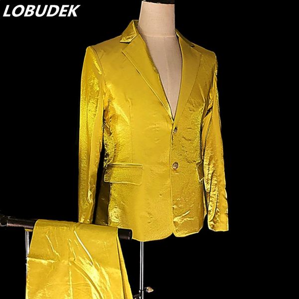 

men's suits & blazers bar nightclub male singer host slim fit stage shiny gold satin suit blazer+pants set outfit performance costume c, White;black