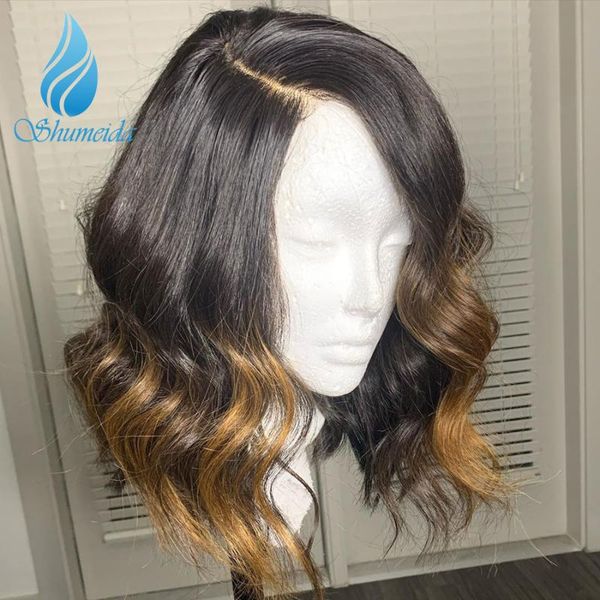 

13*6 ombre color lace front human hair wig deep part 150% density brazilian remy hair deep wave glueless lace wig with baby, Black;brown