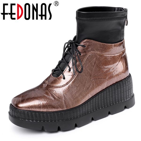 

fedonas patent leather winter women warm ankle boots casual cross-tied shoes woman back zipper riding boots platform high heels, Black