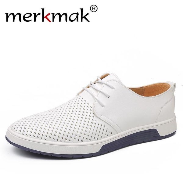 

merkmak brand summer men leather casual shoes fashion breathable holes white leisure shoes flats big size 37-48 driver