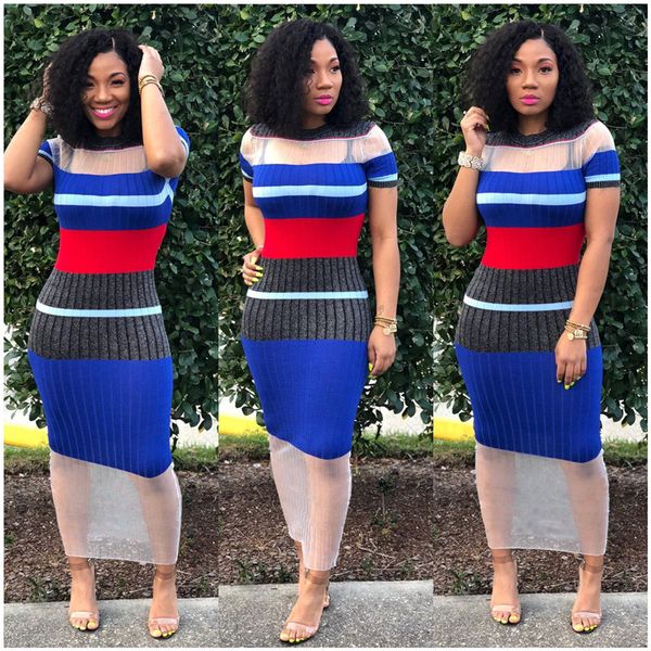

Stripe Gauze Women Designer Dresses Women Panelled Bodycon Pencil Dresses Female Summer Crew Neck Casual Apparel