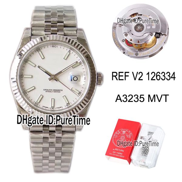 

ref v2 datejust 41 126334 a3235 automatic mens watch white dial stick markers fluted stainless steel bezel jubilee bracelet puretime c3, Slivery;brown