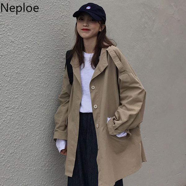 

neploe корейский ins outwear mid long тренчкот женщины turn down воротник длинные рукава одноместный груди дизайн casaco straight coat81336, Tan;black