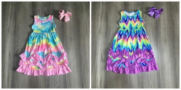 

girlymax summer girls children clothes pastel wave tie dyed pink milk silk ruffles baby kidswear ruffles maxi dress match bow t200624, Red;yellow