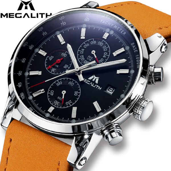 

megalith mens watches sports waterproof chronograph date casual simple business brown leather quartz watch men clock, Slivery;brown
