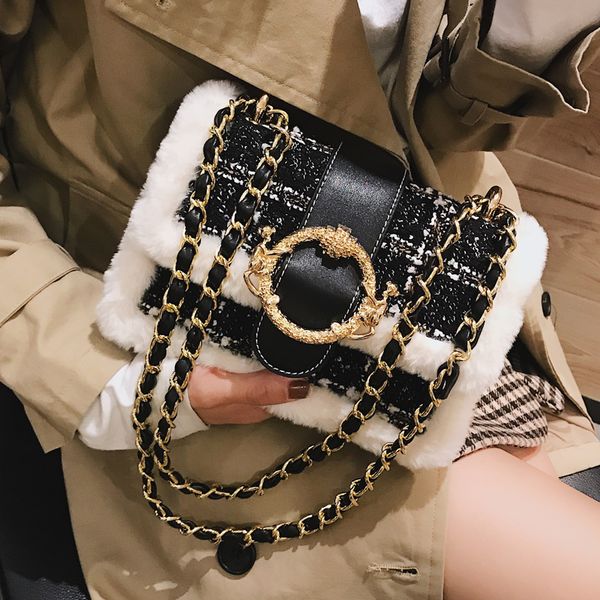 

tekiessica winter wool plaid fur feather mini flap box women handbags shoulder crossbody party clutch bags