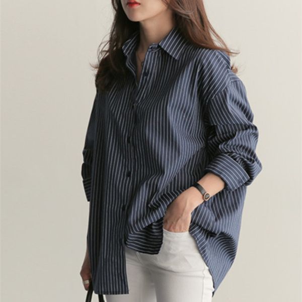 

women's blouses & shirts 2021 spring summer blouse casual fashionable korean style striped shirt office lady loose clothes wild bl1653, White