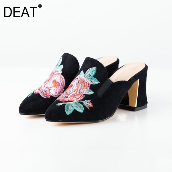 

deat] 2020 new spring summer sharp toe shallow flock embroider outdoor high heels slippers women shoes fashion tide 10i058, Black