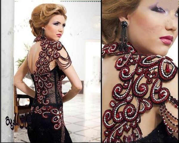 

2019 new arabic black red long mermaid prom dresses beads crystals high collar sweetheart lace formal evening gowns vestidos de novia a116