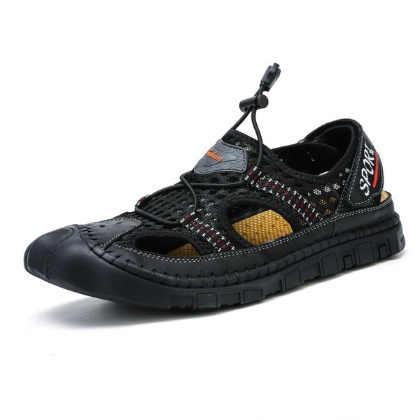 

men's shoes movement outdoor leisure sandals mesh breathable shoes hand pull line sandals men's summer breathable hiking shoes, Black