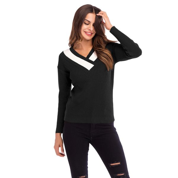 

sweater women colorblock v neck long sleeve knitted sweater jumper pullover blouse pull femme nouveaute 2019, White;black