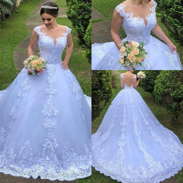 

2020 new elegant lace ball gown wedding dress appliqued o neck cap sleeves plus size custom made zipper garden bridal gowns robes de mariée, White