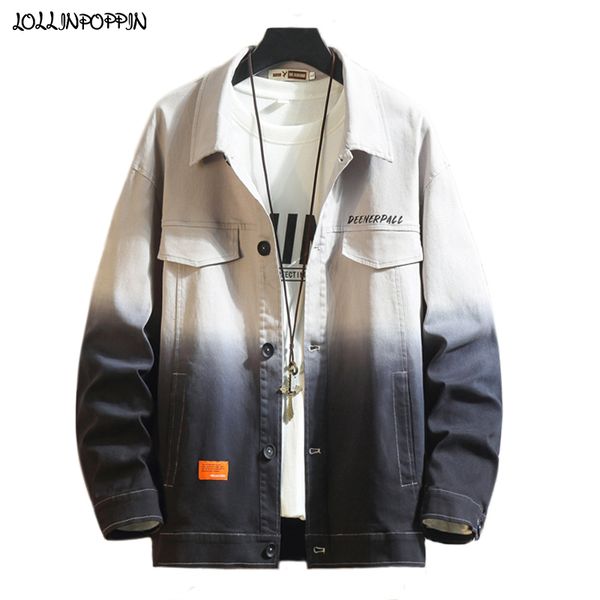 

streetwear men letters printed hip hop gradient color denim jacket turn down collar mens plus size jean jacket street dance coat, Black;brown