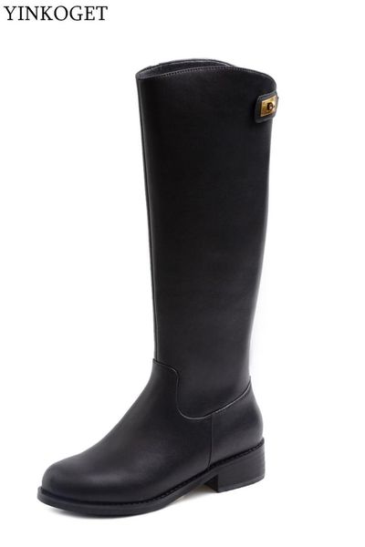 

yinkoget natural genuine leather low heel women knee high boots leisure ladies boots autumn winter girl fashion brand long, Black
