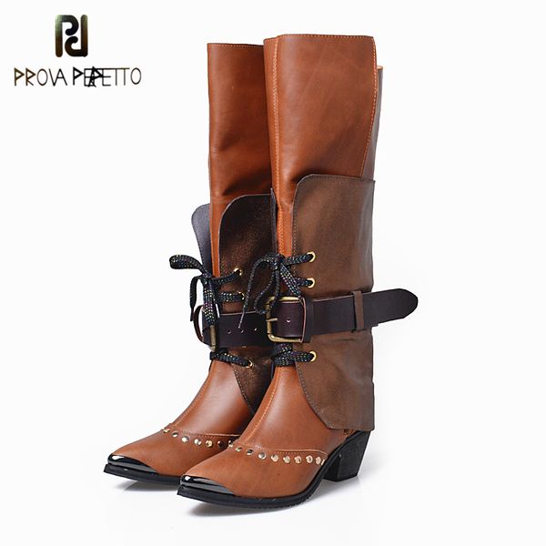 

prova perfetto fashion women 2019 winter knee high long boots 100% genuine leather with rivets chunky heels metal point toe boot, Black