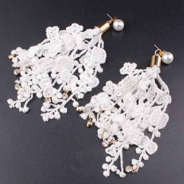 

fashion boho rhinestone pendant tassel earring for women handmade long lace drop earring bohemia pearl jewelry sq, Silver