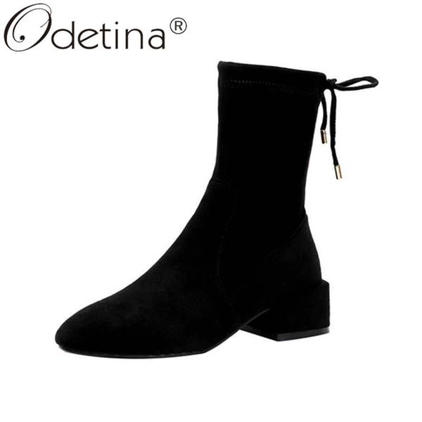 

odetina women fashion faux suede block mid heel ankle boots ladies casual square toe sewing lace up winterkeep warm sock boots, Black