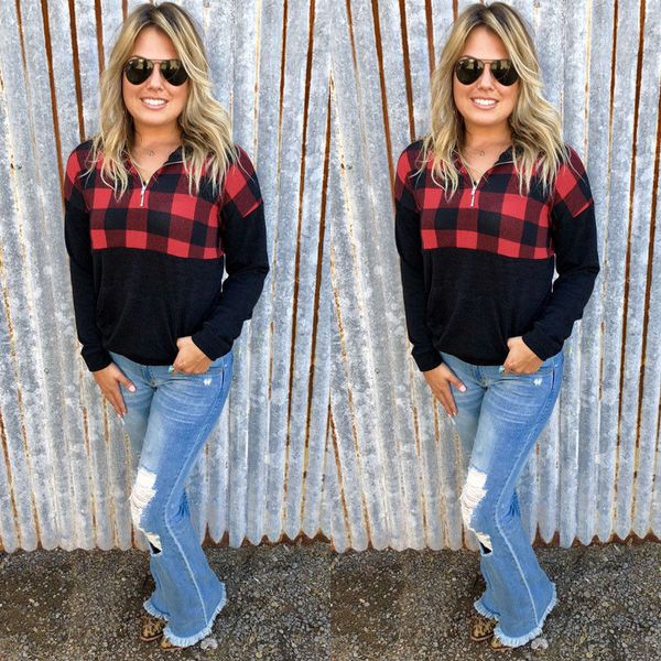 

fashion spring autumn women long sleeve plaid patchwork zipper loose sweatshirts stylish street pullovers jumper new, Black