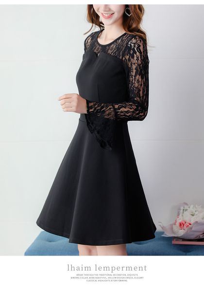 

jet black long sleeve splicing thin joker dress lace collar, Black;gray