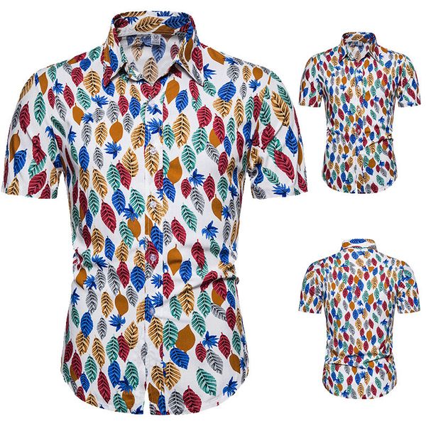 

men's casual shirts 2021 men colour leaf print fashion beach hawaiian shirt slim fit mens clothing chemise homme camisa masculina 3xl, White;black