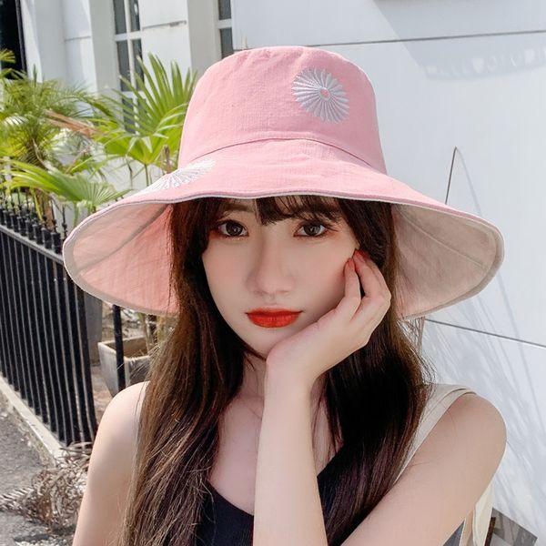 

pmdya women's large eaves fisherman summer all-match chrysanthemum embroidery double-sided sun sunshade bucket bucket embroidered fishe, Blue;gray