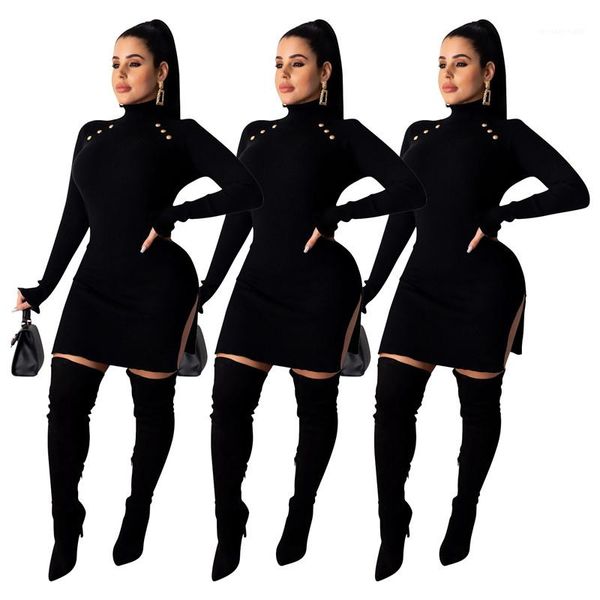 

womens dresses split solid color button long sleeved high collar bodycon dresses fashion womens party dresses club slim, White;black