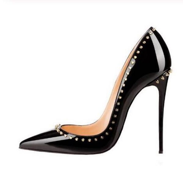 

pointed toe shallow pumps for woman 12cm red sole rivets studded black slip on high heel woman wedding shoes size 45 summer