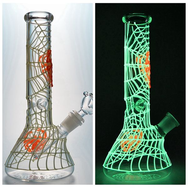 Tubo dritto Glow In The Dark Bong Spider Web Beaker Bong 18mm Joint Oil Dab Rigs Tubi d'acqua in vetro UV Diffuso Downstem Bowl