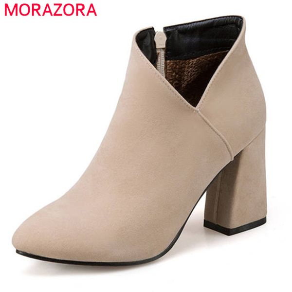 

morazora 2020 simple zipper boots women pointed toe ankle boots flock short plush autumn winter fashion lady shoes, Black
