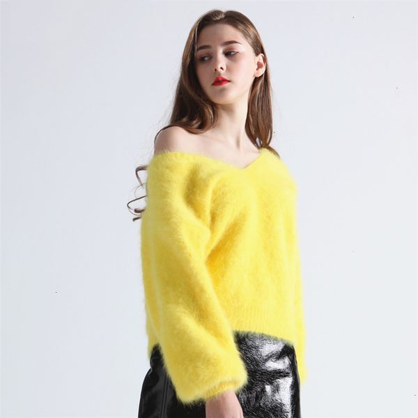 

sweater women womens sweaters winter womens v neck lantern sleeve v neck cashmere angora rabbit pullovers sweater fashion keep warm thick, White;black