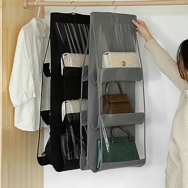 

6 grids hanging handbag organizer for wardrobe closet transparent storage bag door wall clear sundry shoe bag with hanger pouch