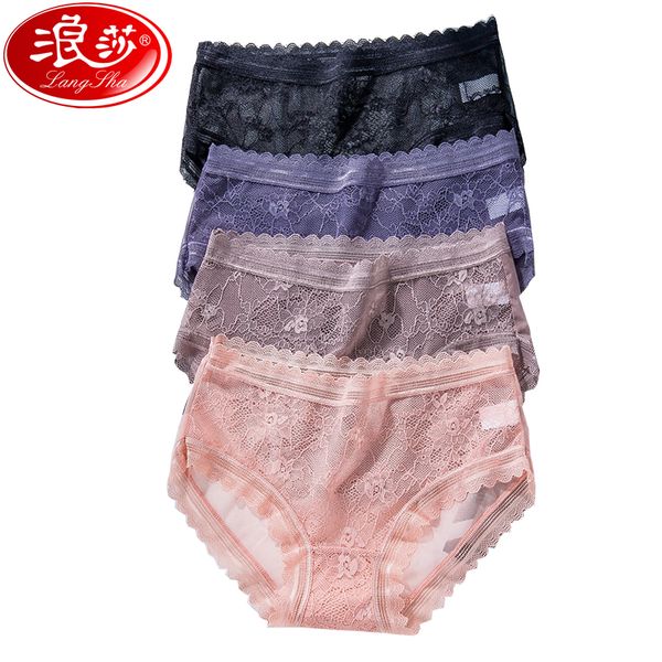 

langsha 4pcs/set lace panties women seamless girls underwear low-rise briefs breathable cotton crotch transparent lingerie, Black;pink