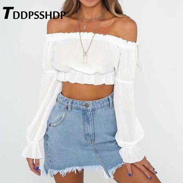 

white color ruffles slash neck women blouse long sleeve spring novelty female blouses and