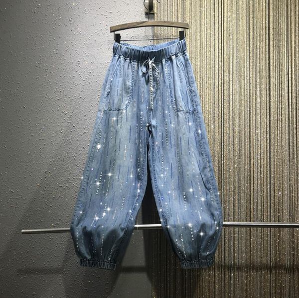 

2019 new women loose jeans trousers female fashion diamond drill elastic waist nine-minute pants denim pants r2023, Blue