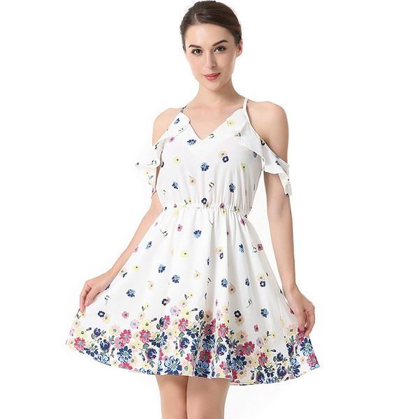 

spring and summer 2018 new fashion printing suspender belt v collar flounce edge floral dress, Black;gray
