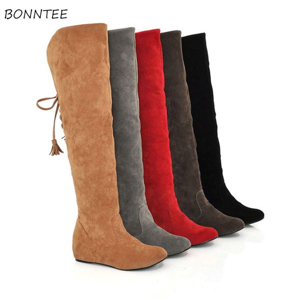 

boots women faux suede thicker warm over knee boot womens winter plus velvet retro british thigh high shoes round toe students, Black