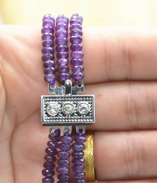 

new natural 3 rows 2x4mm faceted amethyst beads necklace, Silver