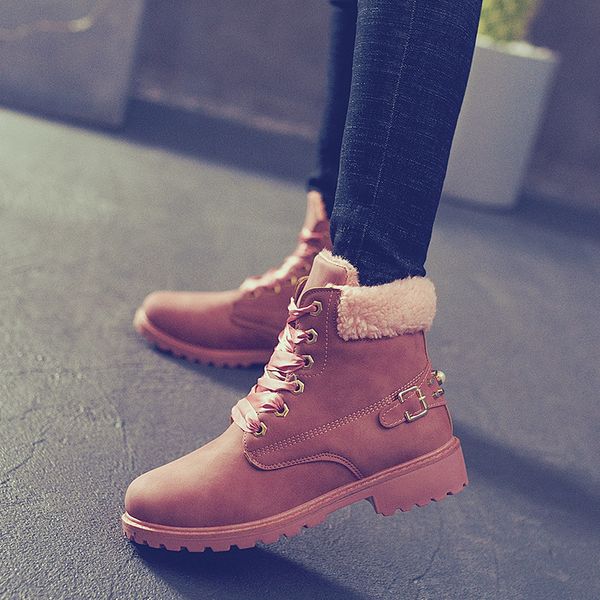 

new pink women boots lace up solid casual ankle boots booties round toe women shoes winter snow warm british shoes woman, Black
