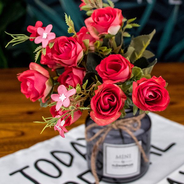 

artificial rose flowers with fake leaves for home table decor simulation flowers silk bouquet wedding 5 forks 10 heads