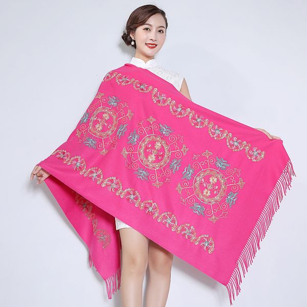 

women embroider flower cashmere shawl scarf winter oversized thick pashminas tassel poncho hijab blanket cachecol